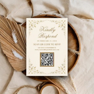 Cartão De Informações Quadro Rústico Redondo Dourado Creme Código QR RSV