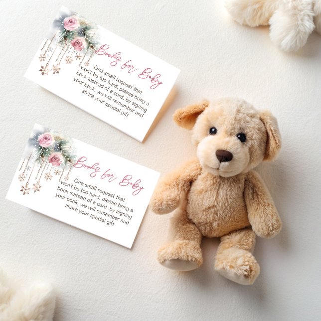 Cartão De Informações Querida, está frio fora do chá de fraldas. (Baby it's cold outside winter baby shower book request enclosure cards pastel pink snowflakes roses)