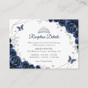 Cartão De Informações Quinceanera Azul Marinho Detalhes Florais Prateado