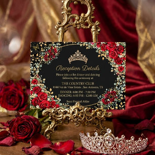 Cartão De Informações Quinceañera Borboleta Dourada Preta e Vermelha