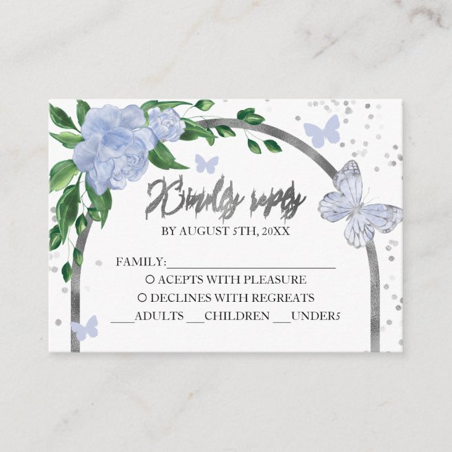 Cartão De Informações Quinceanera Butterflys Dusty Blue Blush (Frente)