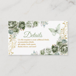 Cartão De Informações Quinceañera Dourado & Verde Sage Detalhes de Borbo