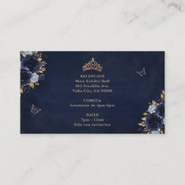 Cartão De Informações Quinceañera Floral Borboleta Dourada Marinho