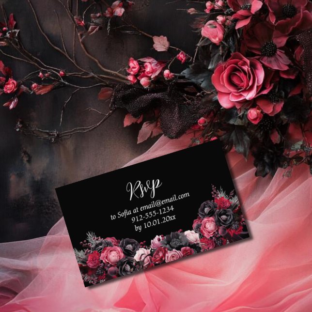 Cartão De Informações Quinceañera Gótica Vermelha e Negra (Gothic RSVP card for quinceañera in red, pink and black moody florals with butterflies)