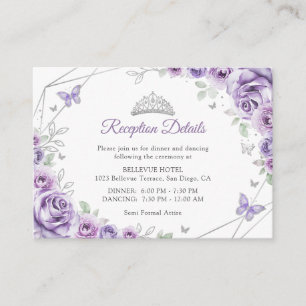 Cartão De Informações Quinceanera Lilás Roxo Detalhes Florais Prateados