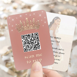 Cartão De Informações Quinceañera Photo QR RSVP Rose Gold Crown Scan Me
