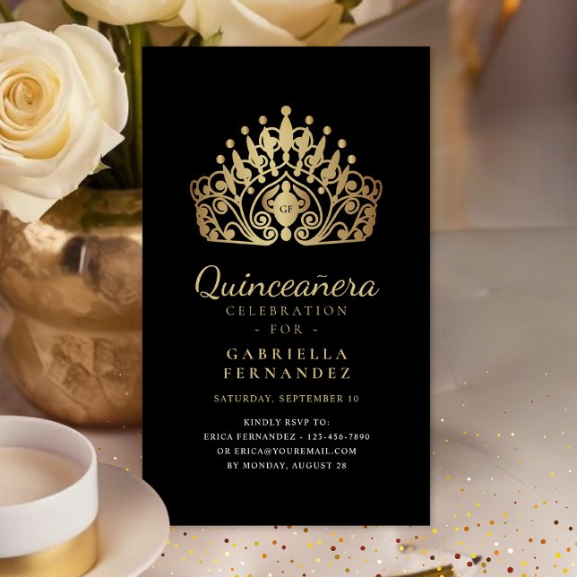 Cartão De Informações Quinceanera Princesa Tiara Coroa Dourada RSVP (Criador carregado)