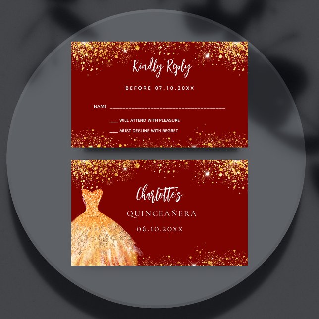 Cartão De Informações Quinceanera red gold dress resposta RSVP (Criador carregado)
