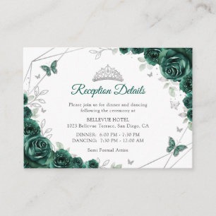 Cartão De Informações Quinceanera Verde Esmeralda Detalhes Florais Prata