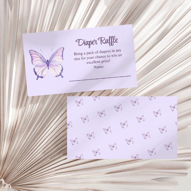 Cartão De Informações Raffle Chá de fraldas de Borboleta Roxo (Purple Butterfly Baby Shower Diaper Raffle Enclosure Card on a white dry palm leaf.)