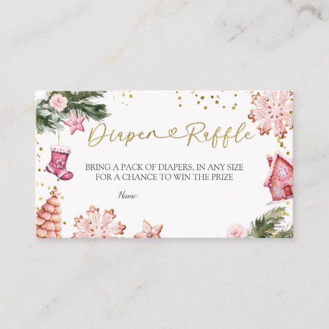 Cartão De Informações Raffle Chá de fraldas de Cookies Rosa-Inverno (Frente)