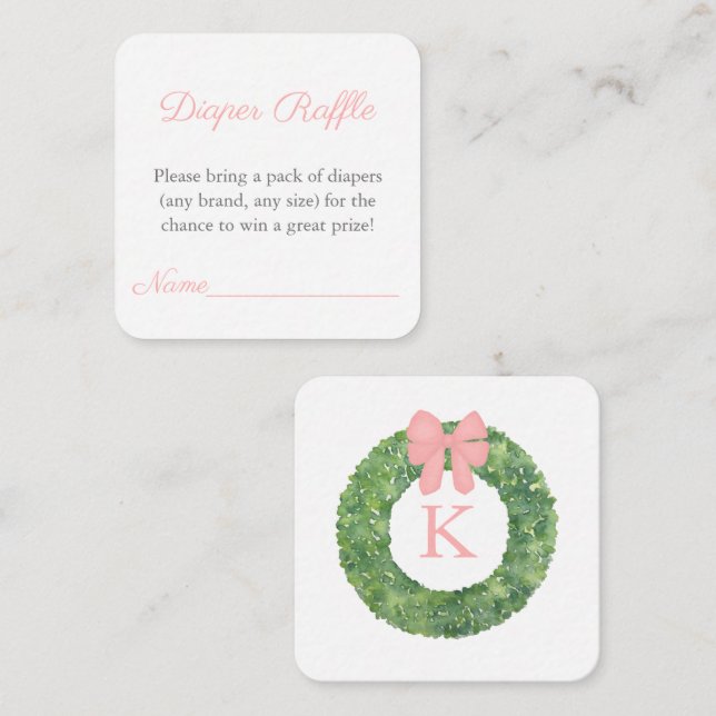 Cartão De Informações Raffle Chá de fraldas de Monograma Verde Rosa (Frente/Verso)