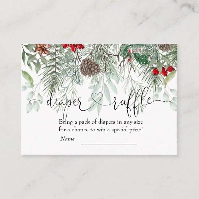 Cartão De Informações Raffle Chá de fraldas de pinheiro verde-inverno (Frente)