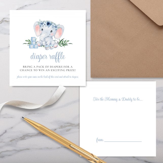 Cartão De Informações Raffle Chá de fraldas Fralda de Elefante Azul (Simple Diaper Raffle Enclosure Card for Cute Elephant Baby Shower with Diaper Raffle Ticket on Back)