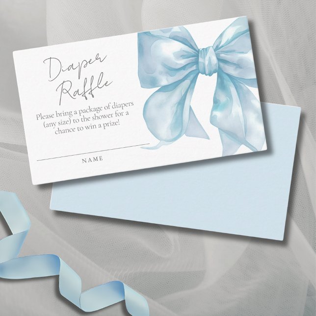 Cartão De Informações Raffle de Fralda azul-Arco esbelto (Elegant Cute Blue Bow Baby Shower Diaper Raffle Enclosure Card)