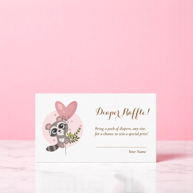 Cartão De Informações Raffle de Fralda de guaxinim-córnea (Minimalist Cute Raccoon Baby Shower Diaper Raffle Enclosure Card)