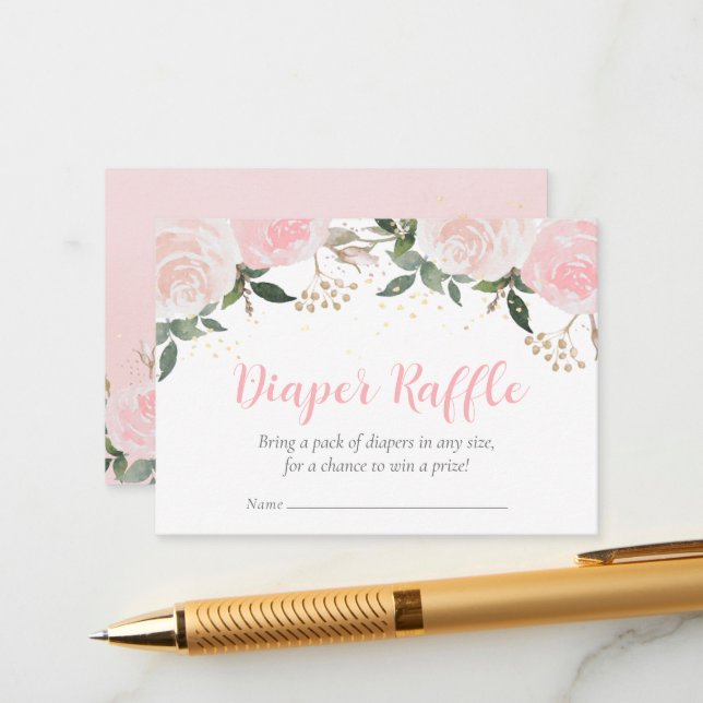 Cartão De Informações Raffle de Fralda Rosa Floral (Frente/Verso In Situ)