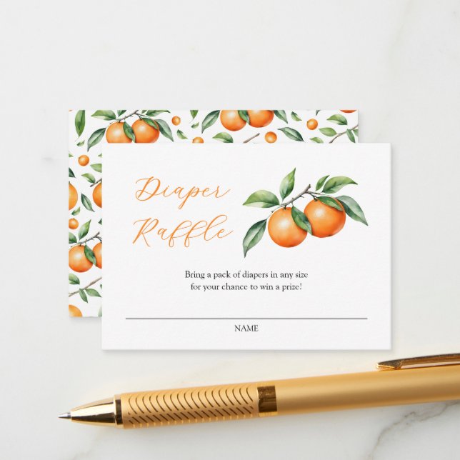 Cartão De Informações Raffle Fralda Chá de fraldas Laranja Aquarela (Frente/Verso In Situ)