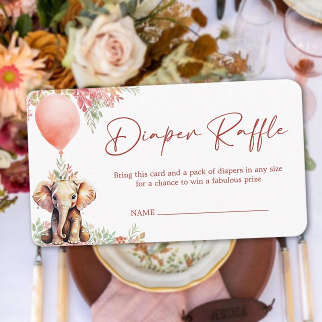 Cartão De Informações Raffle - Fralda Elefante-Balão-Cento (Cute Balloon Elephant Baby Shower Diaper Raffle Enclosure Card)