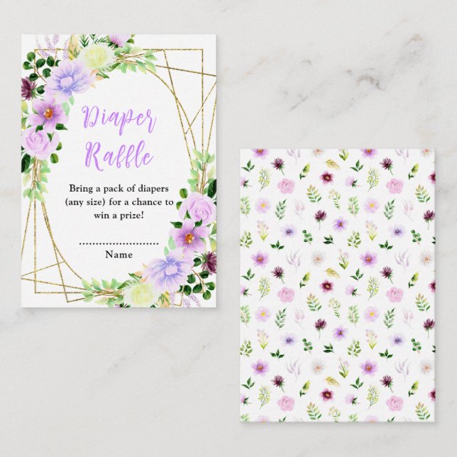 Cartão De Informações Raffle primavera Purple Floral Fralda Chá de frald (Frente/Verso)