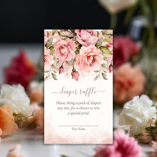 Cartão De Informações Raffle Rosa de Fralda de Chá de fraldas de Aquarel (Blush Rose Watercolor Baby Shower Diaper Raffle Enclosure Card)