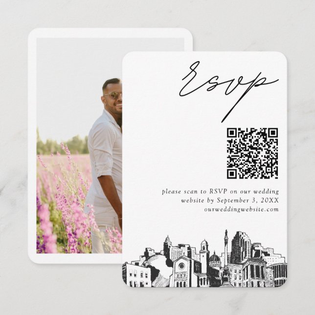 Cartão De Informações Raleigh Wedding Modern RSVP Código QR (Frente/Verso)