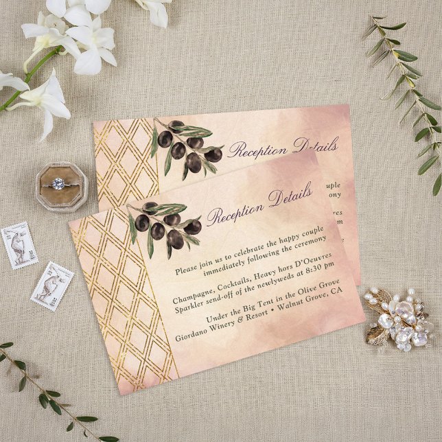 Cartão De Informações Ramo de Oliva Tuscana de Latice Dourada Elegante (Tuscan Gold Lattice and Olive Branches Reception/Enclosure Card)