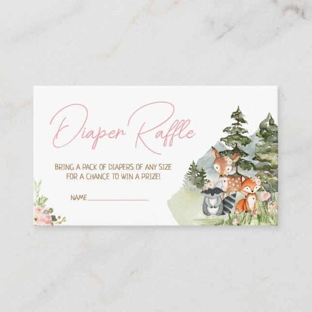 Cartão De Informações Rapariga Floral Woodland Animal Fralda Raffle (Frente)