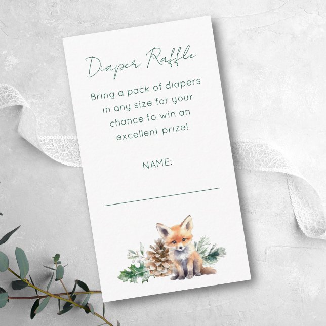 Cartão De Informações Rastreio de Fralda de Animais da Floresta Russa (This woodland Diaper Raffle card with winter greenery is perfect for a rustic baby shower.)