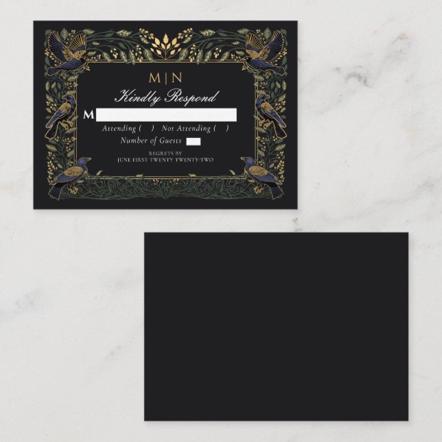 Cartão De Informações Raven Floral Weding Verde RSVP Gótico Encantado (Frente/Verso)