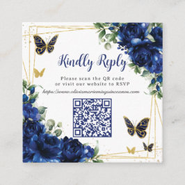 Cartão De Informações Real Blue Floral Dourado Quinceañera 16 Código QR 
