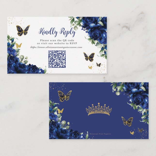 Cartão De Informações Real Blue Floral Dourado Quinceañera 16 Código QR  (Frente/Verso)