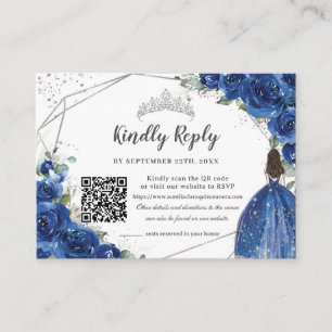 Cartão De Informações Real Blue Floral Silver Quinceañera Código QR RSVP