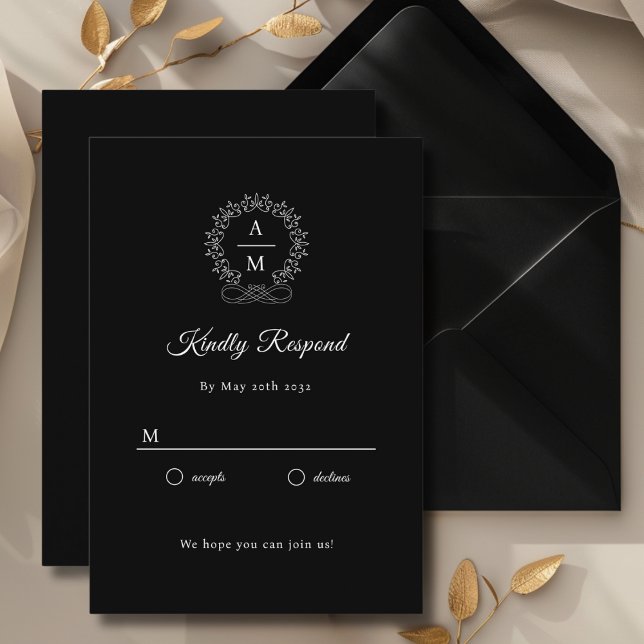 Cartão De Informações Real, Elegante, RSVP de Casamento (Monogram, Royal, Elegant, Black, Wedding RSVP Cards with scripted font. Personalized in minutes.)