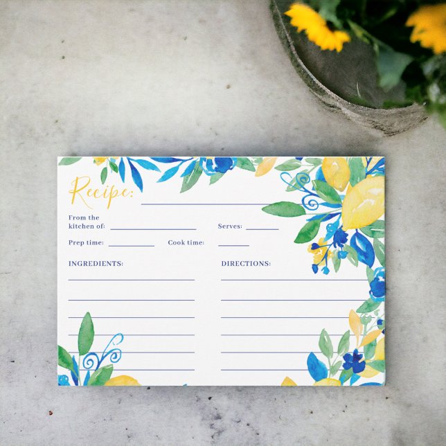 Cartão De Informações receita de casamento em azul floral script limão i (Italian lemon blue floral script bridal recipe enclosure card)
