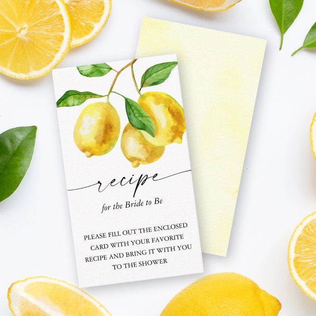 Cartão De Informações Receita de limão de citrinos para a noiva (Add these lemon enclosure cards to let guests know to bring a recipe to the bridal shower.)