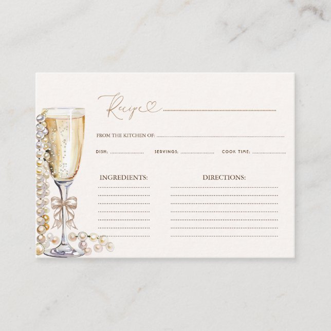 Cartão De Informações Receita para Chá de Noiva Pérolas e Prosecco (Frente)