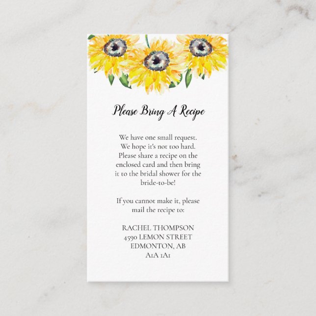 Cartão De Informações Receita Pedido de Chá de panela de girassol Floral (Frente)