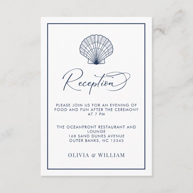 Cartão De Informações Recepção Azul de Seashell de Casamento de Praia (Frente)