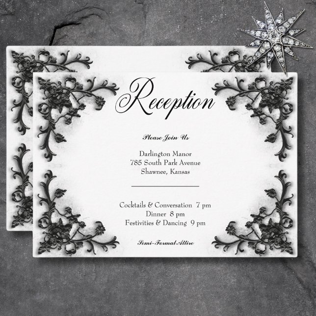 Cartão De Informações Recepção Cardíaca Gótica Preta e Branco Filigrana (Gothic Black & White Filigree Heart Reception Enclosure Card)