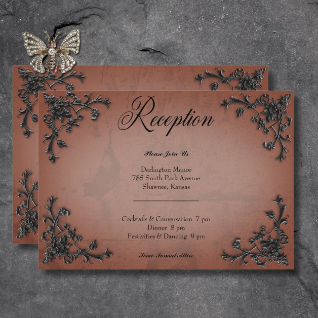 Cartão De Informações Recepção Cardíaca Gótica Preta e Pó (Gothic Black & Rust Filigree Heart Reception Enclosure Card)