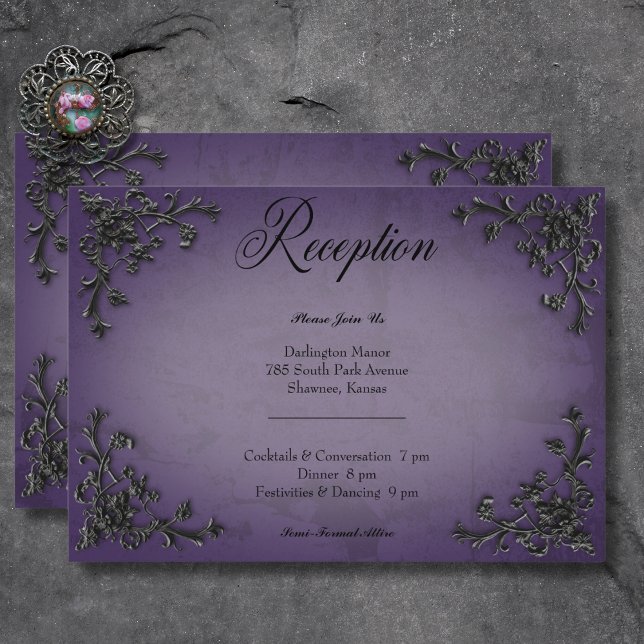 Cartão De Informações Recepção Cardíaca Gótica Preta e Roxo (Gothic Black & Purple Filigree Heart Reception Enclosure Card)