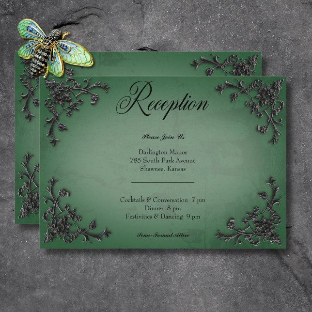 Cartão De Informações Recepção Cardíaca Gótica Preta e Verde (Gothic Black & Green Filigree Heart Reception Enclosure Card)