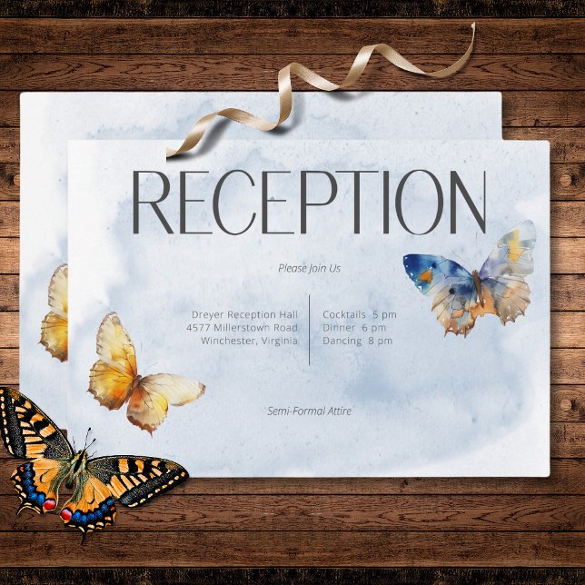 Cartão De Informações Recepção de Borboletas de Aquarela Azul Moderno (Modern Blue Rust Watercolor Butterflies Reception Enclosure Card)