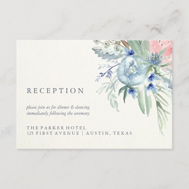 Cartão De Informações Recepção de Casamento Aquarela com Peônia Azul e R (Frente)