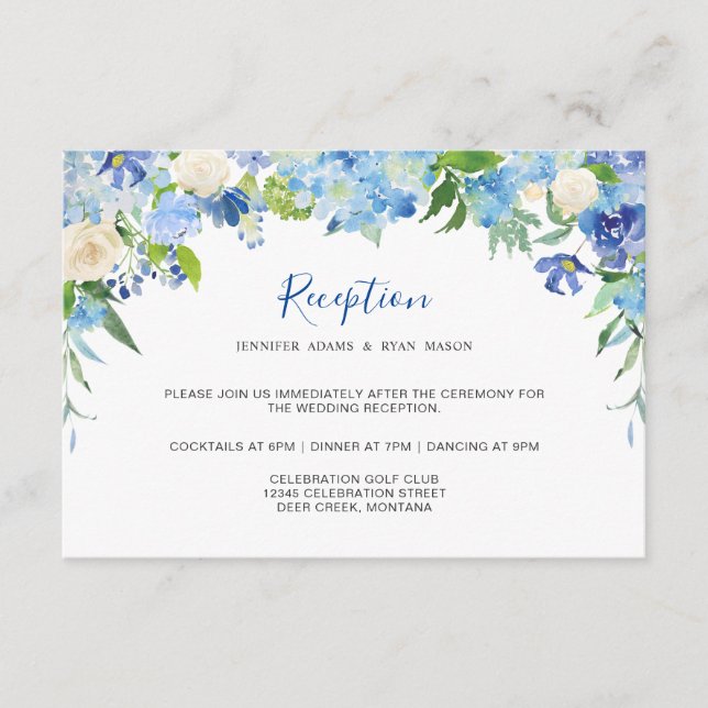 Cartão De Informações Recepção de casamento Azul-Claro Hydrangea & Green (Frente)