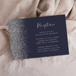 Cartão De Informações Recepção de Casamento Azul Escuro com Brilho Prate