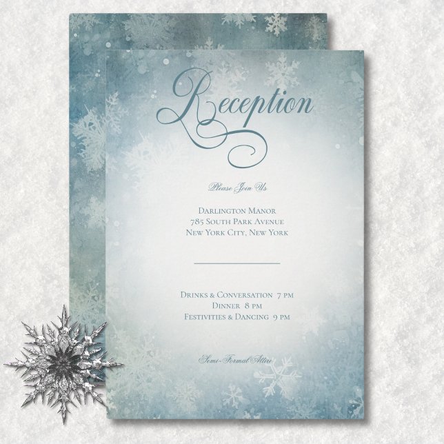 Cartão De Informações Recepção de casamento Azul-Neve Romântica em Queda (Romantic Falling Snow Blue White Wedding Reception Enclosure Card)