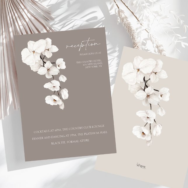 Cartão De Informações Recepção de casamento Branca de Cinzas Moderna (Modern Gray White Orchids Wedding Reception Enclosure Card)