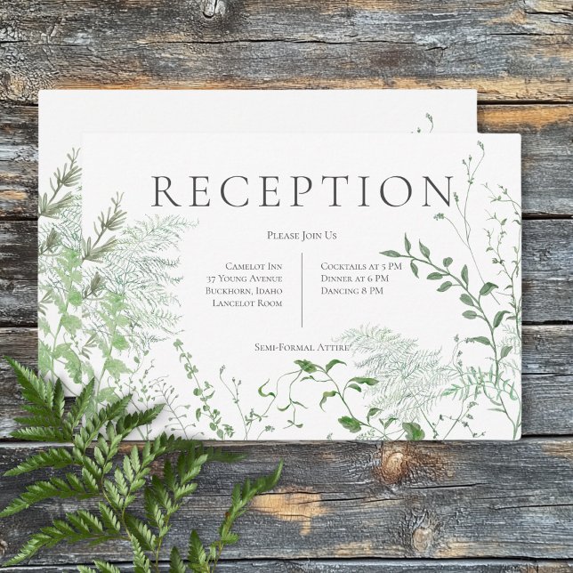 Cartão De Informações Recepção de casamento Branca de Folhagem Verde Rus (Rustic Fern Green Foliage White Wedding Reception Enclosure Card)